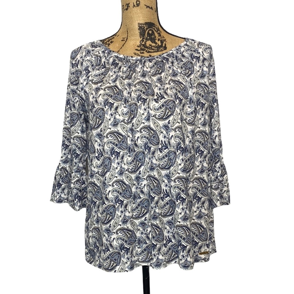 Blue Floral Bell-Sleeve Scoop Neck Blouse M